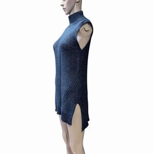 Suzy Shier Turtleneck Knit Sweater Tunic Blue Sleeveless Womens Sz S